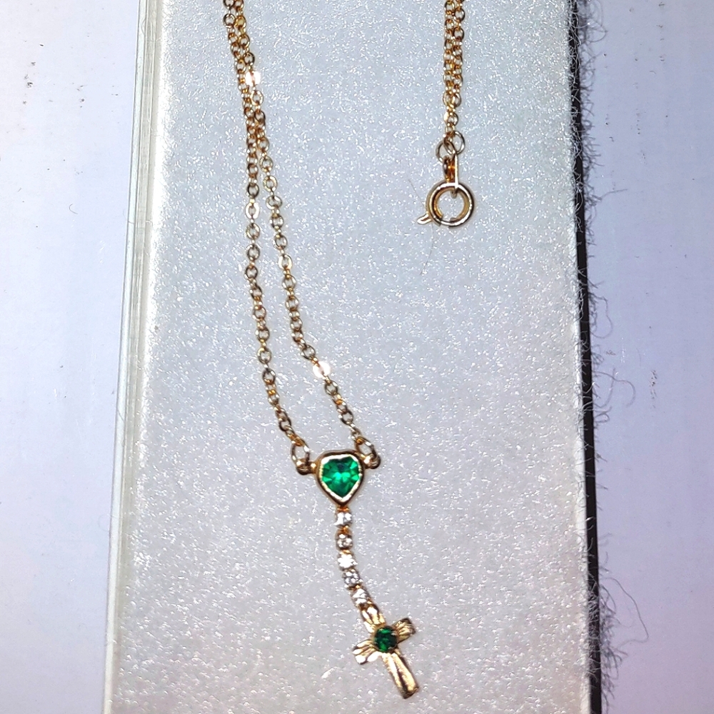 Emerald Green Heart + Connected Dangling Gold Cross Necklace - Picture 12 of 15